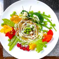 牛蒡と玉葱のかき揚げ、春の野菜サラダ添え